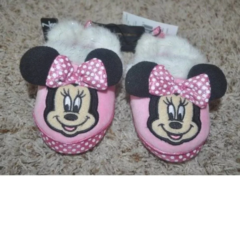 Toddler Girls Disney Minnie Mouse Slippers 9/10 Pink 3-D Ears Fur Trim Shoes